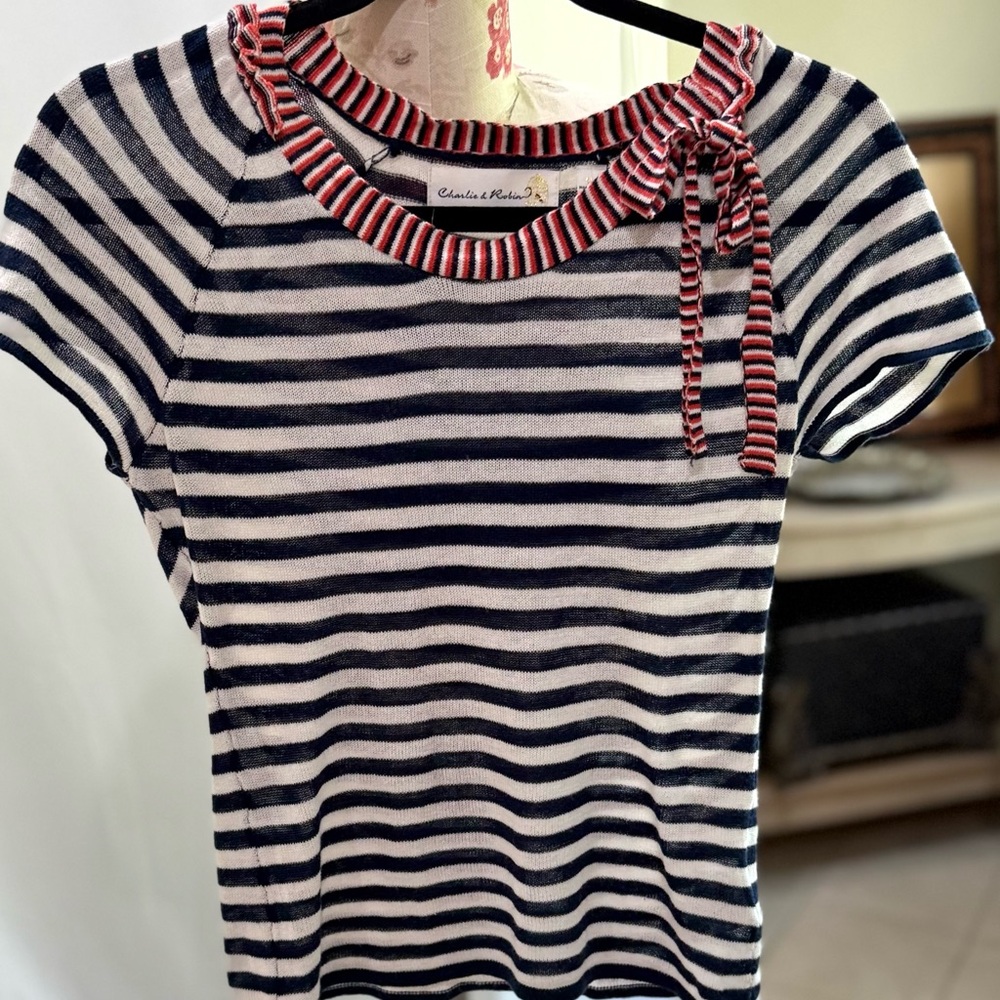 Striped Navy and White Top with Red Accents